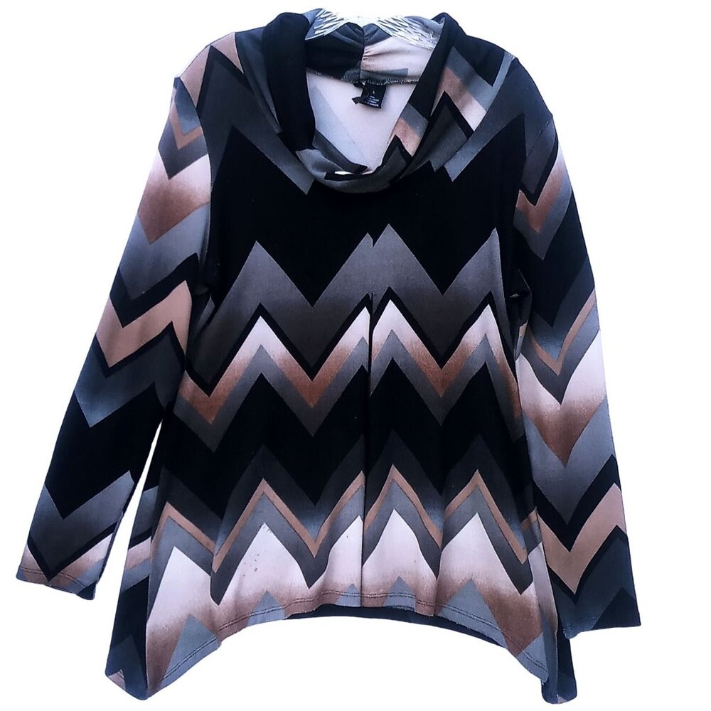 New Directions Women's Large Chevron Pattern Zig Zag Long Sleeve Cowl Neck Top